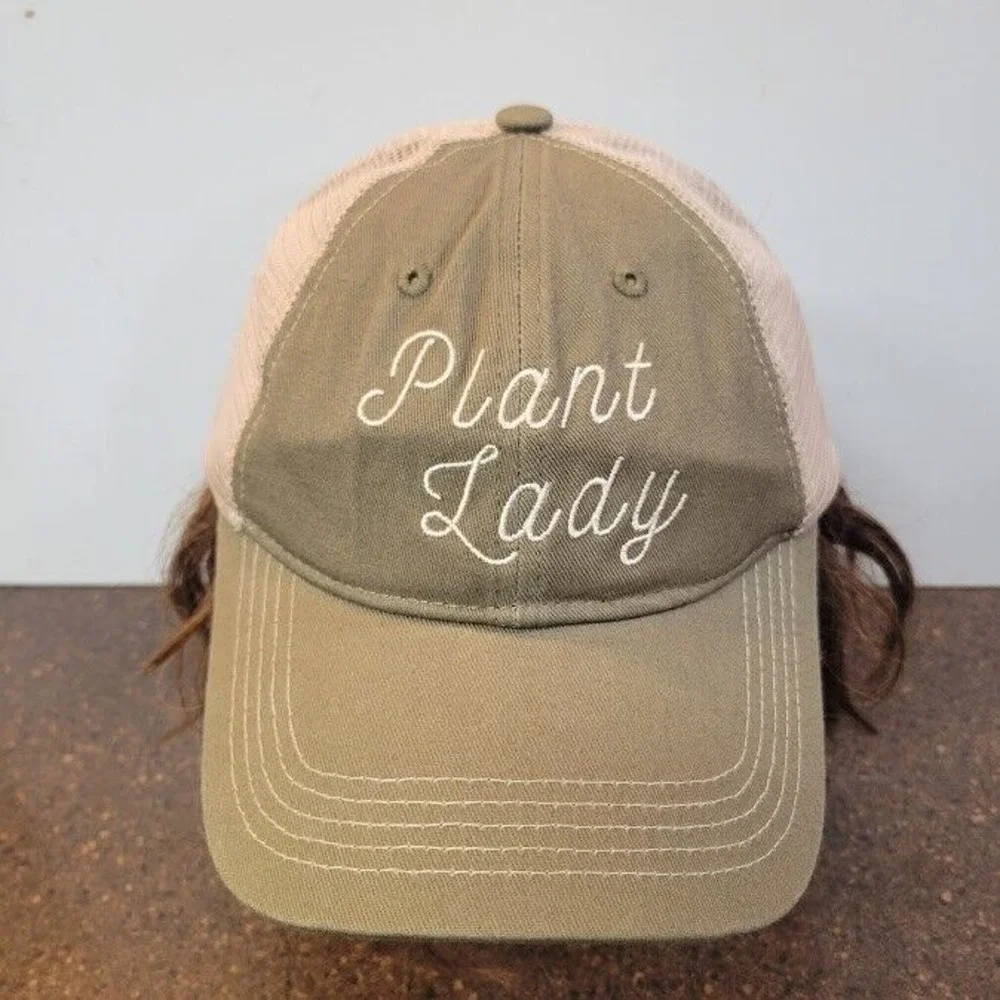 Plant Lady Script Hat Olive & Beige Strap Back Adjustable Baseball Cap